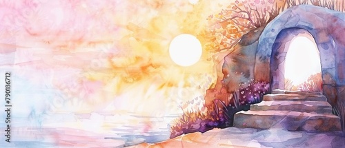 Easter scene with a watercolor empty tomb