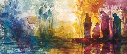 Reflective watercolor portrayal of a biblical parable scene © NIPAPORN