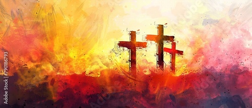 Vibrant Christian crosses against a sunrise watercolor effect