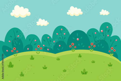 Forest background with green lawn. Grass, bushes, flowers. Vector illustration for design.