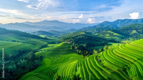 Landscape of green rice terraces amidst mountain agriculture. Travel destinations in Chiangmai, Thailand. Terraced rice fields. Traditional farming. Asian food. Thailand tourism. Nature landscape photo