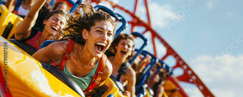People on a roller coaster thrill ride, theme park, amusement, wide, summer fun, vacation, copyspace