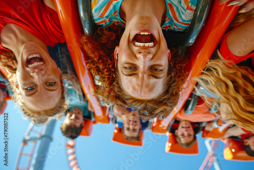 People upside-down on a roller coaster inversion, thrill ride, theme park, amusement, summer fun, vacation
