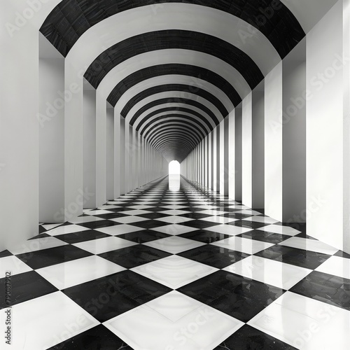 a black and white tiled hallway