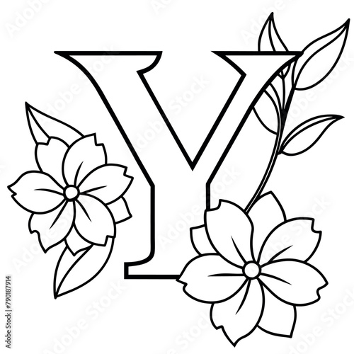 Alphabet Y coloring page with the flower, Y letter digital outline floral coloring page, ABC coloring page photo