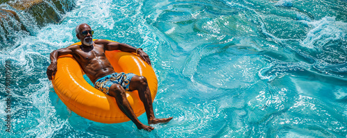 Senior citizen floating on a lazy river ride inner tube at a water park, vacation, tropical, retirement, travel, wide, copyspace