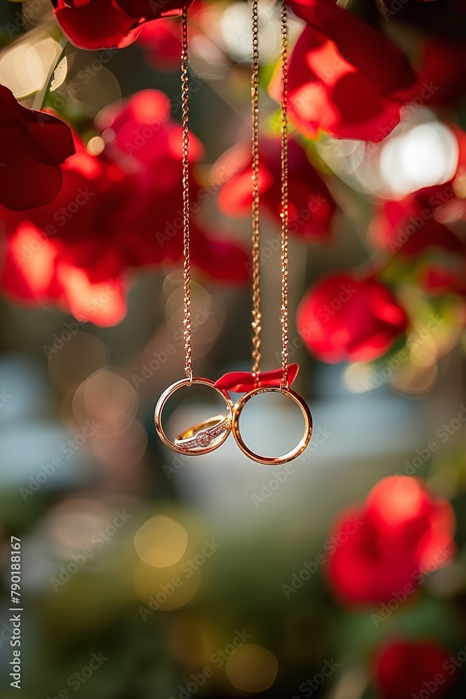 Two rings hanging from a red branch. The rings are gold and have a diamond in the middle