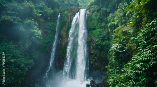 Waterfall is flowing in jungle. Waterfall in green forest. Mountain waterfall. Cascading stream in lush forest. Nature background. Rock or stone at waterfall. Water sustainability. Water conservation. © Ziyan