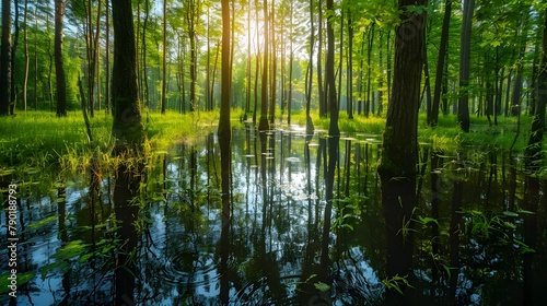 Wetlands and natural carbon sink concept. Wetlands forest with reflections in water. Freshwater wetland. Body of water. Landscape of natural carbon capture. Sustainable Ecosystems.