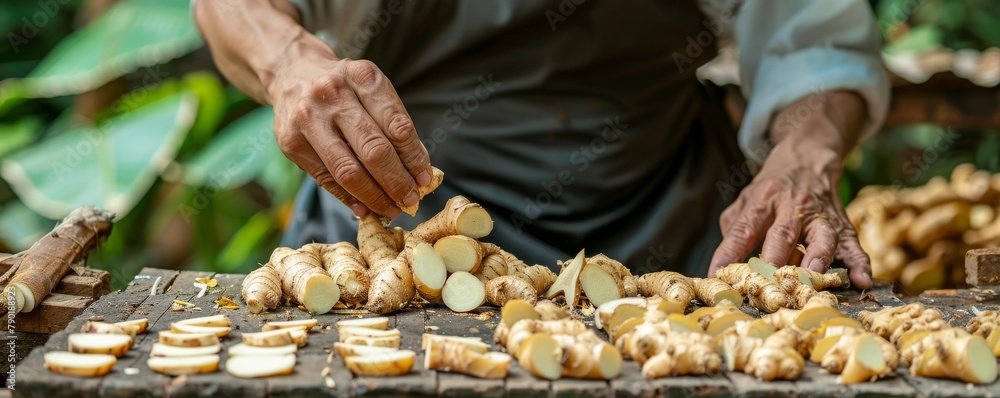 An herbalist preparing freshly picked galangal roots for drying, spread out on a natural surface, ideal for text on the left