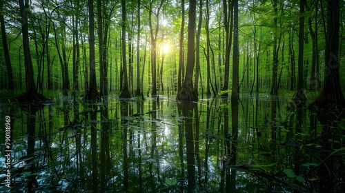 Wetlands and natural carbon sink concept. Wetlands forest with reflections in water. Freshwater wetland. Body of water. Landscape of natural carbon capture. Sustainable Ecosystems.
