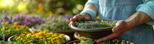 An herbalist sorting through a freshly harvested batch of medicinal herbs, quality control in a natural setting, text space on the right photo