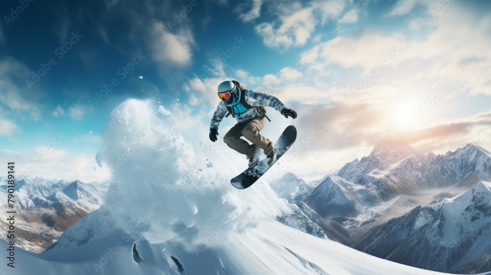 Snowboarder, person in winter clothes and sportswear, doing snowboard tricks by sliding and jumping through air in snow mountains. Winter extreme sport, snow, motion, and hobby.