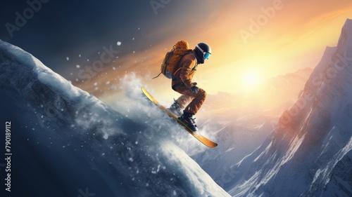 Snowboarder, person in winter clothes and sportswear, doing snowboard tricks by sliding and jumping through air in snow mountains. Winter extreme sport, snow, motion, and hobby.