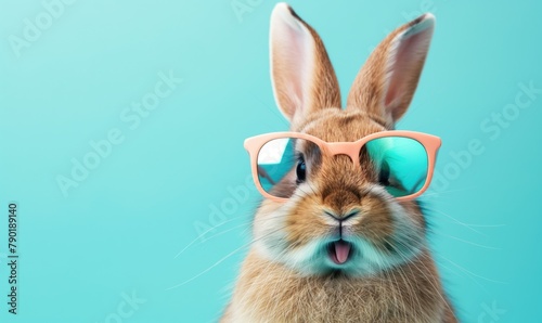 Funny easter bunny rabbit wearing eyeglasses and showing his tongue on neutral turquoise background