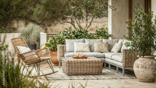An Elegant Outdoor Garden Living Room with Comfortable and Luxurious Furniture.