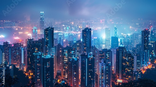 A cityscape at night showing buildings with automated energy-saving systems, lights adjusting dynamically, with ample text space at the top