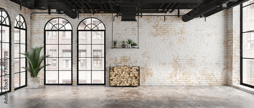 Empty room Industrial loft style interior with brick wall.Panorama view.3d rendering