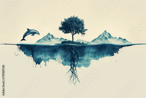 Flourishing tree with deep roots. A symbol of growth and resilience. Crystal-clear ocean with a dolphin leaping  Majestic mountain range. Earth Day.