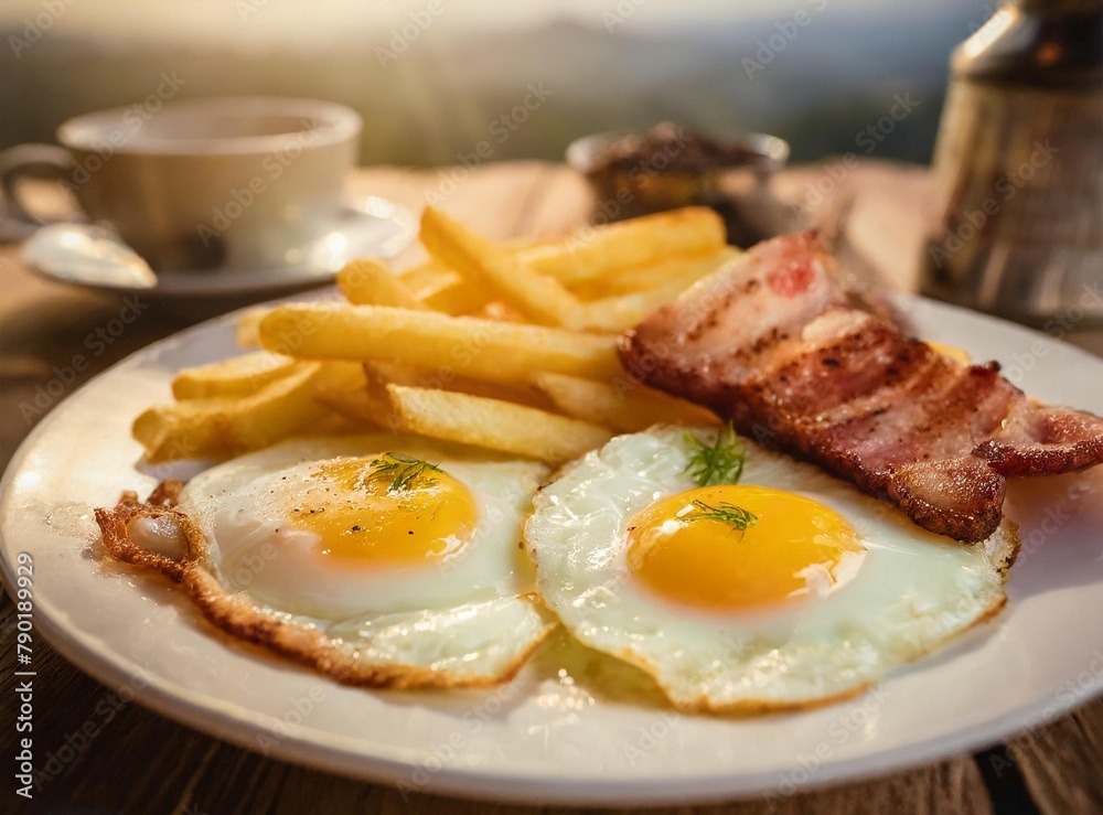 Fried eggs with bacon and french fries Fried eggs with bacon and french fries