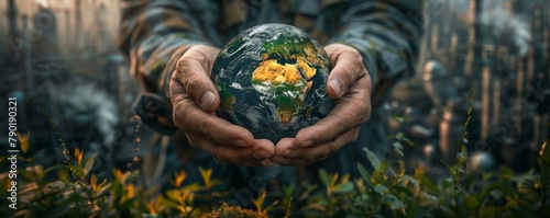 A conceptual image of hands holding the Earth, with greenery growing on one side and industrial pollution on the other, ideal for text on the left photo