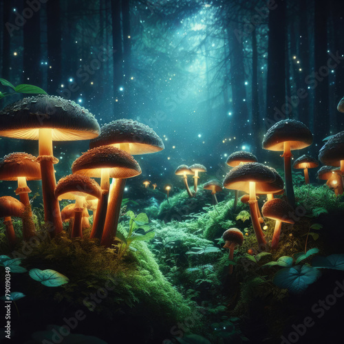 Generative AI, Beautiful and awesome neon colorful mushrooms, Magical views of neon colorful mushrooms, Beautiful view of neon colorful mushrooms in the thickets of forest bushes, small neon mushrooms