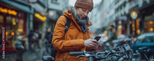 A cyclist using a smartphone app next to a bike-sharing station, city life bustling around, ideal for text on the left photo