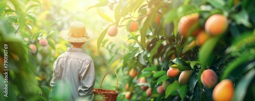A detailed scene of a farmer using organic fertilizers in a mango orchard, promoting eco-friendly farming, ideal for text on the left