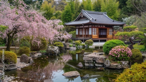 a small japanese house with a pond and trees