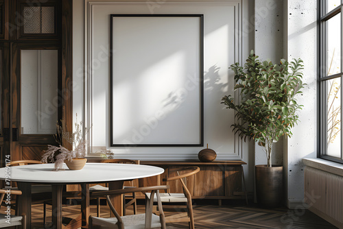 Scandinavian style livingroom afterday with Wooden Furniture,chairs,flower pot,white walls,cozy sofa white with Interior Mockup with one white photo frame in the background photo