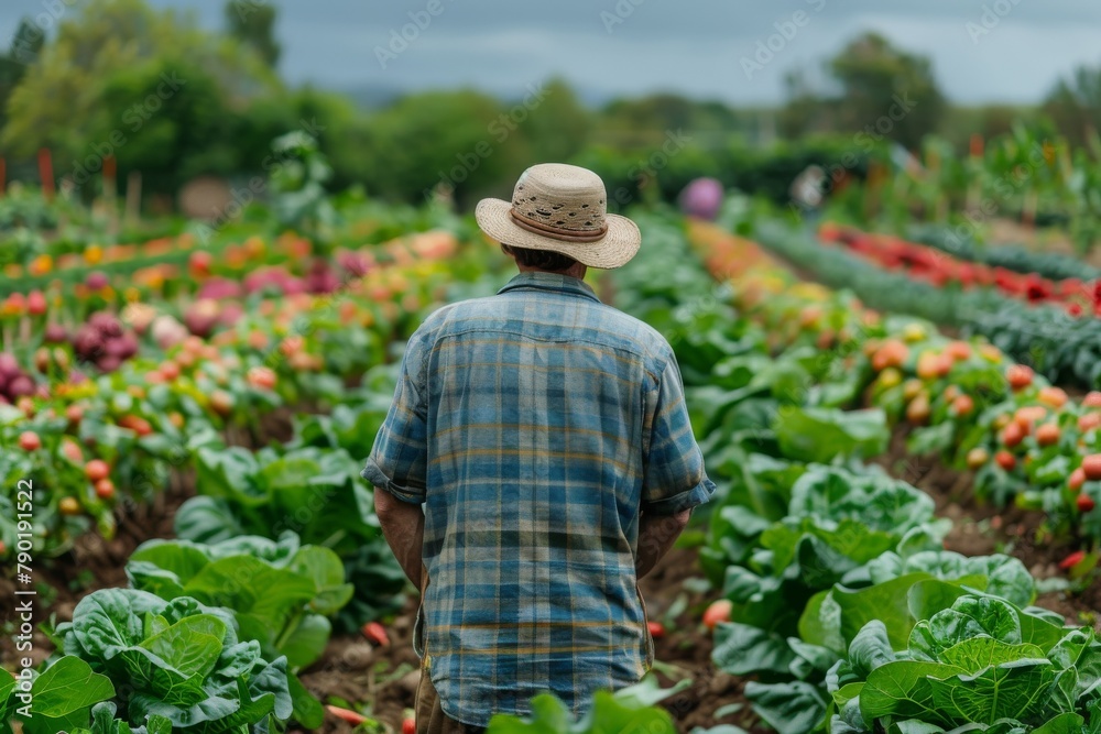 A farmer using sustainable irrigation methods in a field of mixed vegetables, technology and tradition meeting, space for text at the bottom