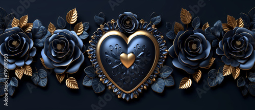background with roses flowers frames gold hearts, and a beautiful banner, with copy space.