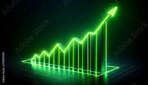 concept of economic growth, a three-dimensional digital graph with a rising curve, glowing points, and vertical lines to give a sense of depth and dynamic movement.