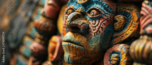 A colorful statue of a face with a blue nose and blue eyes