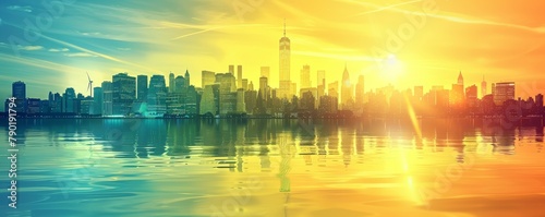 A graphic design of a city skyline transitioning from fossil fuels to green energy, solar panels and wind turbines overlay, ideal for text on the left