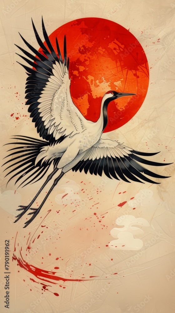 Fototapeta premium A bird is flying in the sky above a red sun. The bird is white and black. The image has a peaceful and serene mood