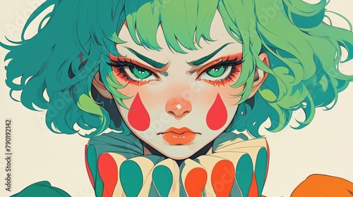 Illustration of a furious clown sporting vibrant green hair featuring expressive facial makeup with dramatic eyes and lips set against a clean white backdrop This artwork captures the essenc