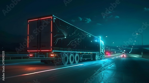 Futuristic Technology Concept: Autonomous Semi Truck with Cargo Trailer Drives at Night on the Road with Sensors Scanning Surrounding. Special Effects of Self Driving Truck Digitalizing Freeway