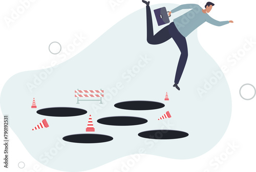 businessman jump pass many pitfalls to achieve business success.flat vector illustration.