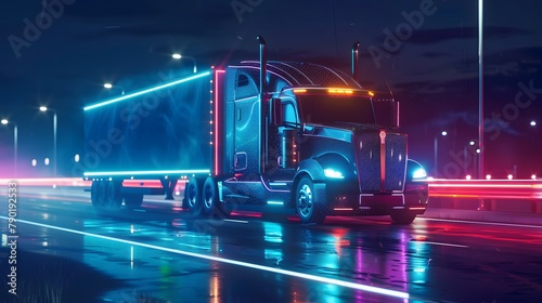 Futuristic Technology Concept: Autonomous Semi Truck with Cargo Trailer Drives at Night on the Road with Sensors Scanning Surrounding. Special Effects of Self Driving Truck Digitalizing Freeway