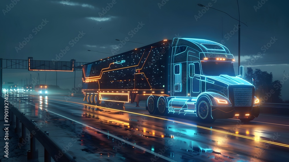 Futuristic Technology Concept: Autonomous Semi Truck with Cargo Trailer Drives at Night on the Road with Sensors Scanning Surrounding. Special Effects of Self Driving Truck Digitalizing Freeway Futuristic Technology Concept: Autonomous Semi Truck with Cargo Trailer Drives at Night on the Road with Sensors Scanning Surrounding. Special Effects of Self Driving Truck Digitalizing Freeway