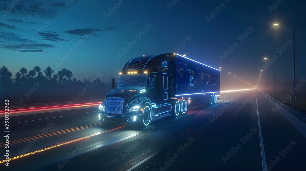 Futuristic Technology Concept: Autonomous Semi Truck with Cargo Trailer Drives at Night on the Road with Sensors Scanning Surrounding. Special Effects of Self Driving Truck Digitalizing Freeway