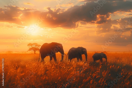 A heartwarming scene of an endangered elephant family in a savanna, a calm sunset in the background, space for text at the bottom © Naret