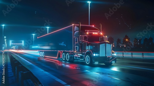 Futuristic Technology Concept: Autonomous Semi Truck with Cargo Trailer Drives at Night on the Road with Sensors Scanning Surrounding. Special Effects of Self Driving Truck Digitalizing Freeway