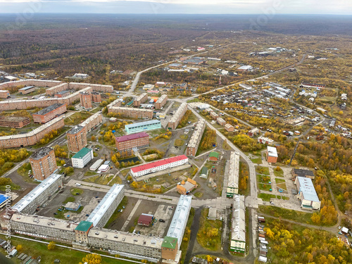 Aerial view to Igarka town at early autumn, Russia. Igarka is a town in Turukhansky District of Krasnoyarsk Krai, Russia, located 163 kilometers (101 mi) north of the Arctic Circle