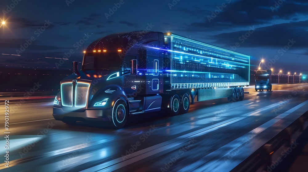 Futuristic Technology Concept: Autonomous Semi Truck with Cargo Trailer Drives at Night on the Road with Sensors Scanning Surrounding. Special Effects of Self Driving Truck Digitalizing Freeway
