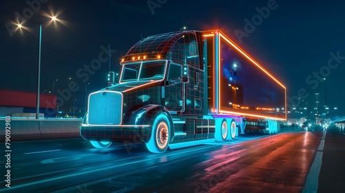 Futuristic Technology Concept  Autonomous Semi Truck with Cargo Trailer Drives at Night on the Road with Sensors Scanning Surrounding. Special Effects of Self Driving Truck Digitalizing Freeway