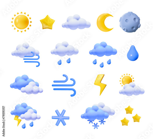 3d weather icons, Cartoon cloud, sun, moon drops and snowflakes. Wind symbol, raindrops. Isolated vector set