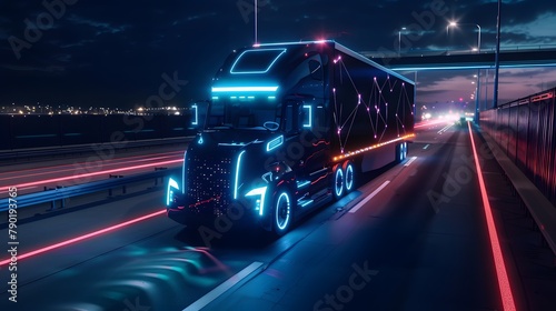 Futuristic Technology Concept: Autonomous Semi Truck with Cargo Trailer Drives at Night on the Road with Sensors Scanning Surrounding. Special Effects of Self Driving Truck Digitalizing Freeway