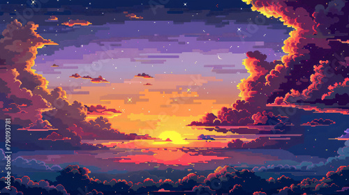 A pixel art scene of a majestic sunset with fluffy clouds dotted with twinkling stars